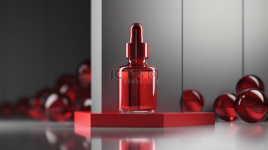 红色包装背景背景图片_现代护肤容器模型中红色血清滴管瓶的升高 3D 渲染