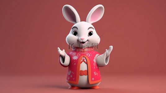 卡通欢迎手势背景图片_穿着中式服装并做出欢迎手势的 3D 卡通兔子插图