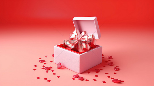 礼物包装背景图片_粉红色背景的 3D 插图，红丝带绑着未包装的礼品盒
