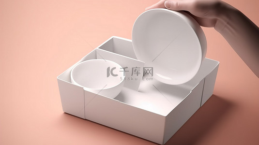茶盒子背景图片_带白色 3D 渲染物体的桃色盒子瓷杯和盘子