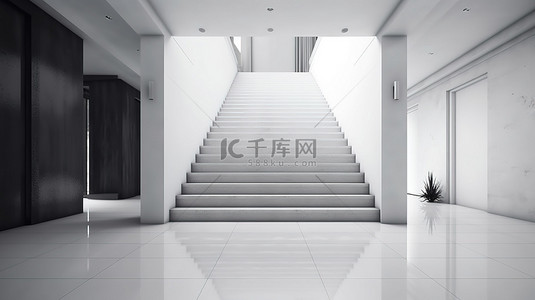大厅样机背景图片_走廊内部现代楼梯的 3D 渲染