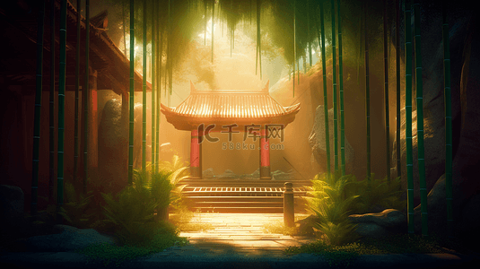 中式房屋背景图片_竹林光线中式建筑植物叶子自然背景