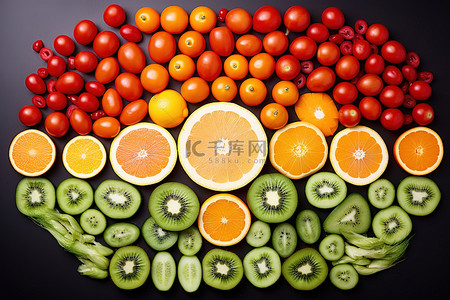 彩虹般的蔬菜和水果，包括西红柿橙子和胡萝卜