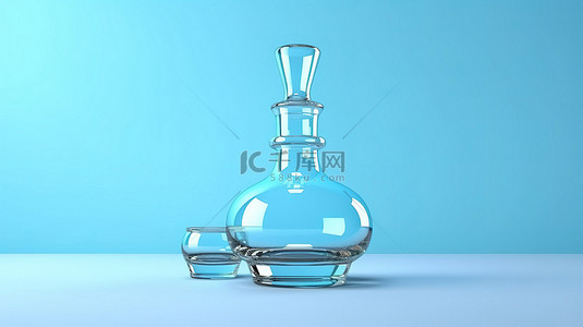 浅蓝色背景的三维渲染，配有玻璃和水瓶