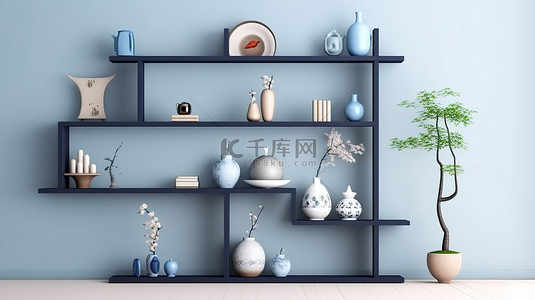 现代日本蓝色房间 3D 渲染中的简约橱柜架
