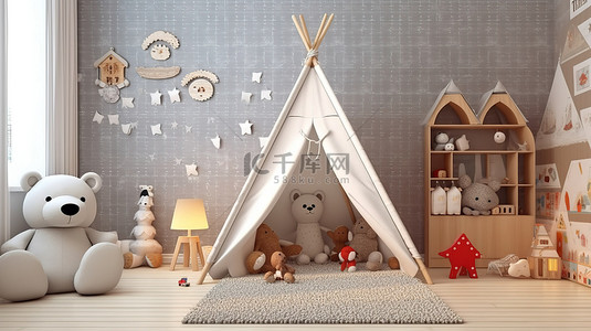 毛绒玩具马背景图片_儿童卧室的 3D 渲染插图，配有俏皮的毛绒动物玩具和圆锥形帐篷