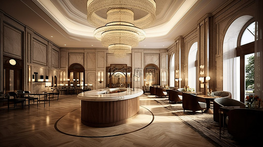 豪华酒店大堂和酒吧设计的沉浸式 3D 渲染