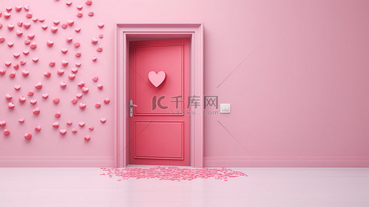 光滑的粉红色门，背景是 3D 渲染的浮动心形