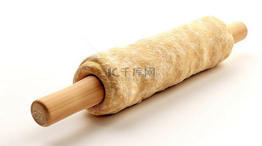 美食面粉背景图片_3d 白色背景上用木销强烈滚动的新鲜面团