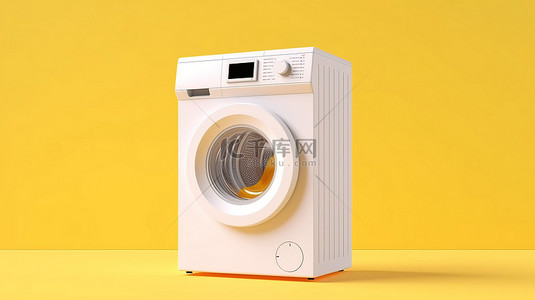 3D 插图中黄色和白色背景下的当代白色洗衣机