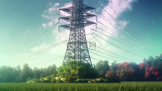 电压塔背景图片_以高压输电塔线为特色的绿色能源概念的 3d 渲染
