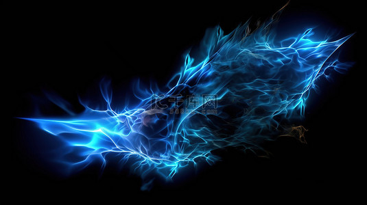 黑色背景下燃烧的蓝色火焰闪电形状的 3D 插图