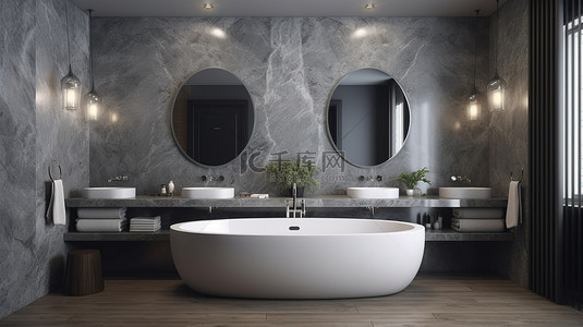 带灰石浴缸和双洗脸盆的豪华酒店浴室的室内场景和模型 3D 渲染