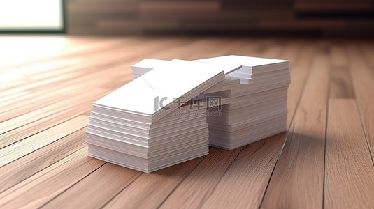木质表面上一堆空白白色名片的 3D 渲染