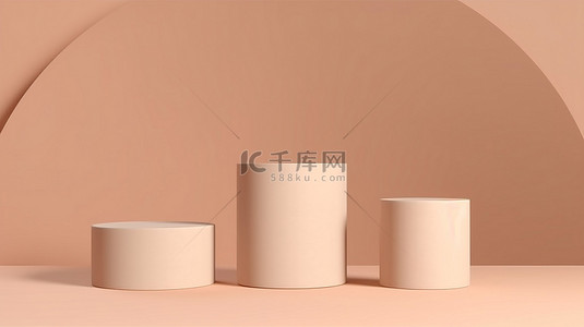 米色背景，带有用于产品广告的圆柱形讲台或基座的最小 3D 插图渲染