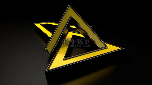 带有轮廓和方向符号的向下指向黄色箭头三角形图标的 3d 渲染