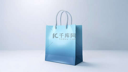 浅色背景下空白蓝色购物袋的 3D 渲染，非常适合展示您的购买和商业概念