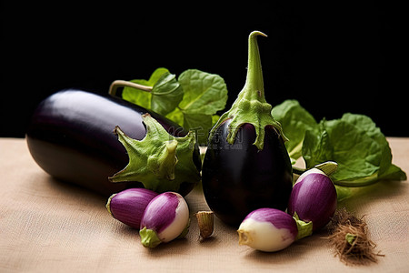 一个黑茄子配上紫色茄子和一些紫色茄子