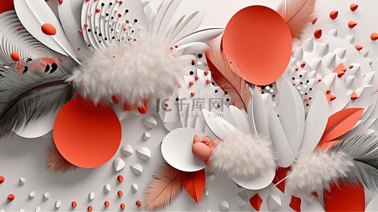 粉色玫瑰背景墙背景图片_3D 插图壁画壁纸中充满活力的羽毛，浅灰色背景上有白色圆圈和红色花朵