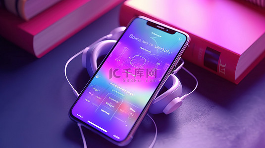 紫色音乐界面背景图片_紫色手机的 3D 渲染，配有音乐小部件，非常适合欣赏音乐有声读物和播客