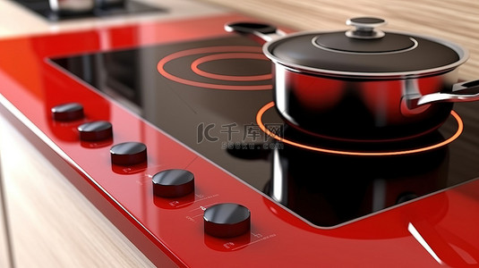 带有现代电磁炉的时尚红色厨房家具的特写 3D 渲染