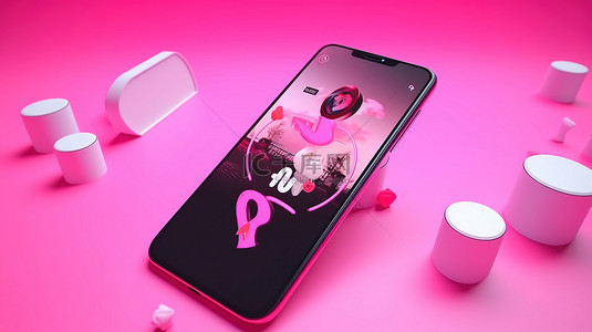 带有鲜艳粉红色背景的 3d 智能手机上展示的 tiktok 徽标
