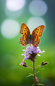 背景为绿色植物的花朵上的一只棕色蝴蝶