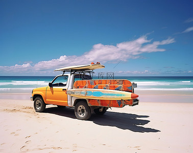 直播达人背景图片_邓达斯黄金海岸海滩上带冲浪板的卡车