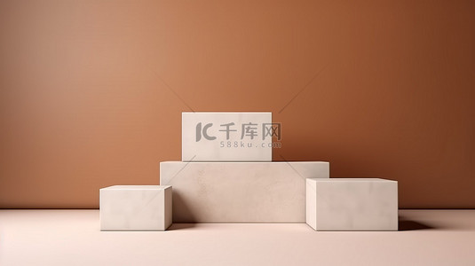 在温暖的棕色背景下展示光滑白砖讲台的 3D 渲染，用于展示产品