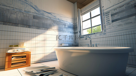 表格背景图片_蓝图抵押表格和能源效率图表伴随浴室建筑的 3D 渲染