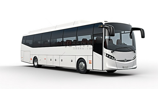 白色背景下驶向指针的白色旅游巴士的 3D 渲染