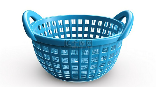 白色背景隔离蓝色篮子在商店图像中购物的 3D 渲染
