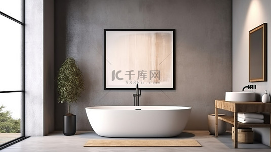 墙相框背景图片_改造后的浴室场景，配有浴缸装饰混凝土墙和相框模型，增强 3D 成像技术