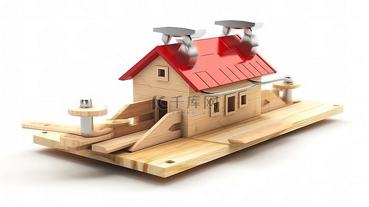 白色的房屋建筑背景图片_为您的梦想之家提供资金 3D 渲染白色背景木制捕鼠器上方的房屋建筑