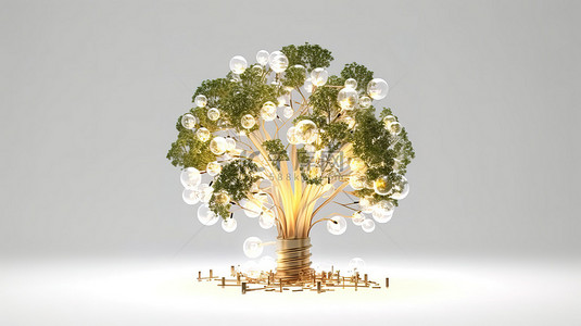 可再生能源和清洁能源概念 3d 插图树与白色背景上的灯泡花