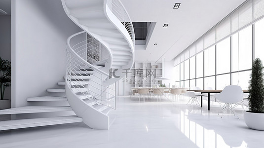 现代办公室内部 3D 渲染干净宽敞的工作场所，带楼梯