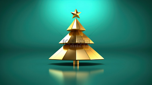 圣诞树图标背景图片_金色圣诞树徽章插图图标与潮水绿色背景