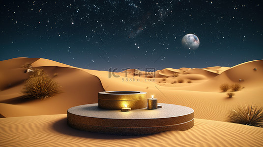 产品显示背景图片_星夜讲台 3D 渲染显示沙漠沙丘上的产品