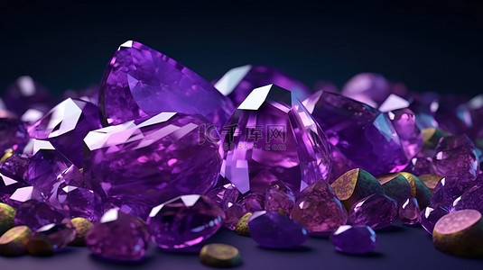 首饰设计展板背景图片_各种宝石形状的紫水晶的 3D 渲染