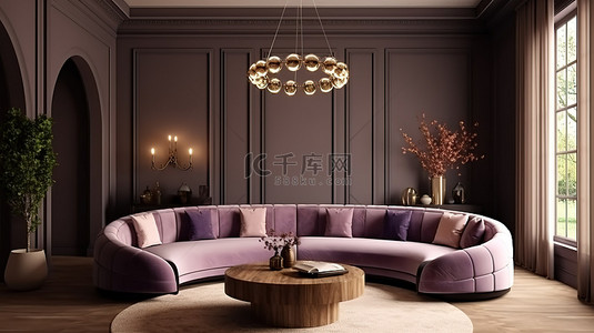 房子背景背景图片_豪华的起居空间，配有 3D 渲染和内部模型弧形沙发和棕色紫色墙壁