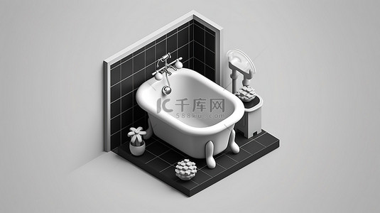浴室置物架图标背景图片_3d 浴缸厕所和壁橱的单色等距图标
