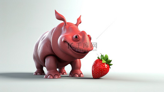 犀牛和犀牛鸟背景图片_可爱的 3d 犀牛和一个大多汁的草莓
