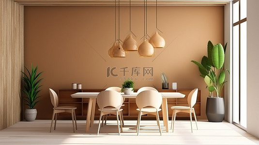 餐厅的渲染图，桌子上悬挂着植物灯和冰箱