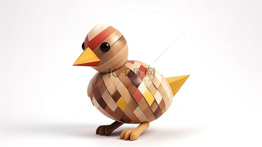 手工木雕背景图片_白色背景儿童抽象木鸟玩具的三维渲染