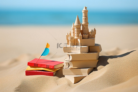 书籍 玩具 沙堡 海滩 照片