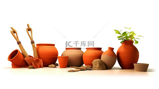 粘土盆栽背景图片_园艺工具和粘土花盆的 3d 渲染