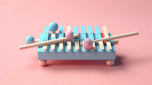 粉红色背景与蓝色木琴玩具和魔杖的双色调风格渲染