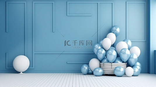 白色气球背景背景图片_蓝色空间内带有蓝色板的白色和蓝色气球的 3D 渲染