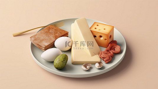 彩色背景 3D 渲染下白盘上的圆形膳食蛋白质碳水化合物和脂肪
