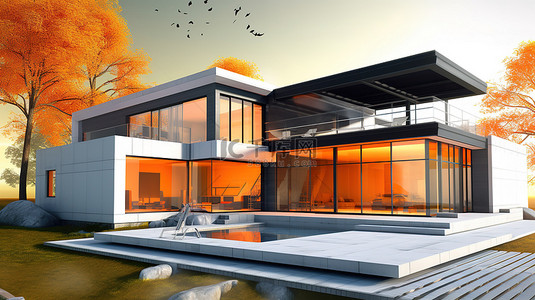 现代房屋建筑蓝图和 3D 绘图